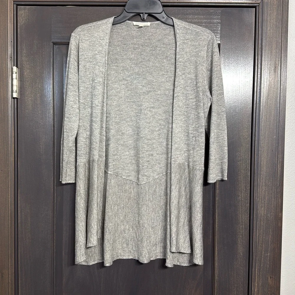 Eileen Fisher Linen‎ Blend Cardigan marbled gray Open Front 3/4 Sleeve Size XS